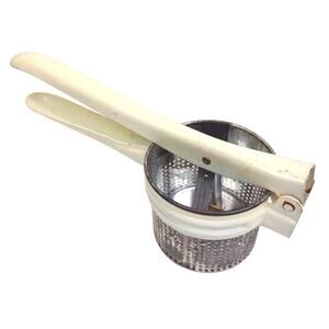 Vintage Metal White Handled Potato Rice Masher Juicer Strainer Press w OEM Bag